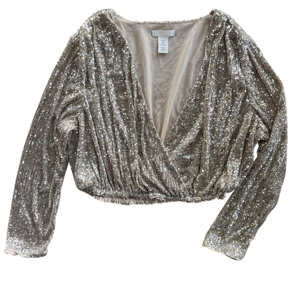 H&M Women's L Gold Sparkly Sequins Long Sleeve Wrap Cropped Blouse Party Holiday